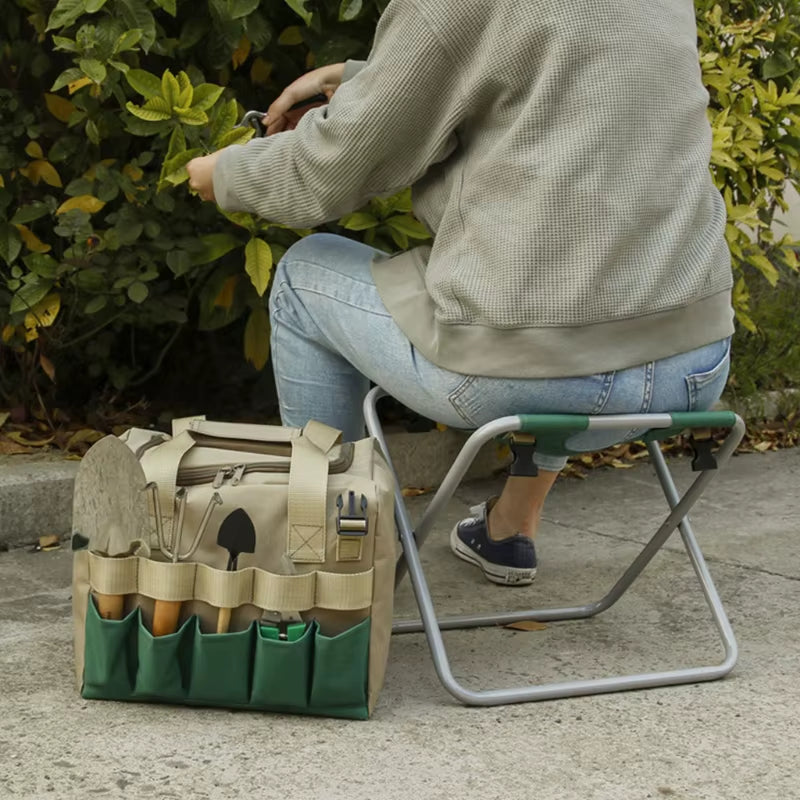 Multipurpose Garden Tools Set Chair Folding Stool with Tote Bag Garden Tools with Pockets for Gardener Use