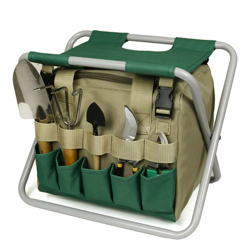 Multipurpose Garden Tools Set Chair Folding Stool with Tote Bag Garden Tools with Pockets for Gardener Use