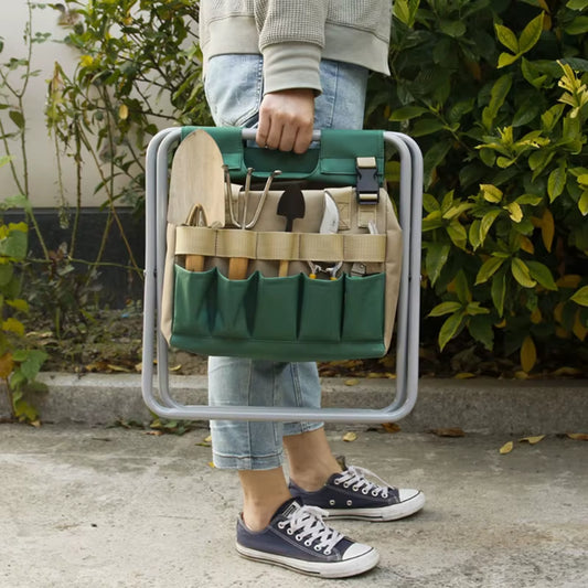 Multipurpose Garden Tools Set Chair Folding Stool with Tote Bag Garden Tools with Pockets for Gardener Use