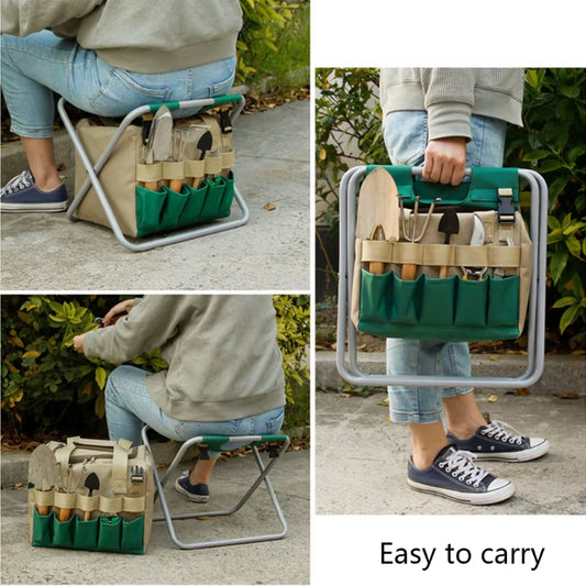 Multipurpose Garden Tools Set Chair Folding Stool with Tote Bag Garden Tools with Pockets for Gardener Use